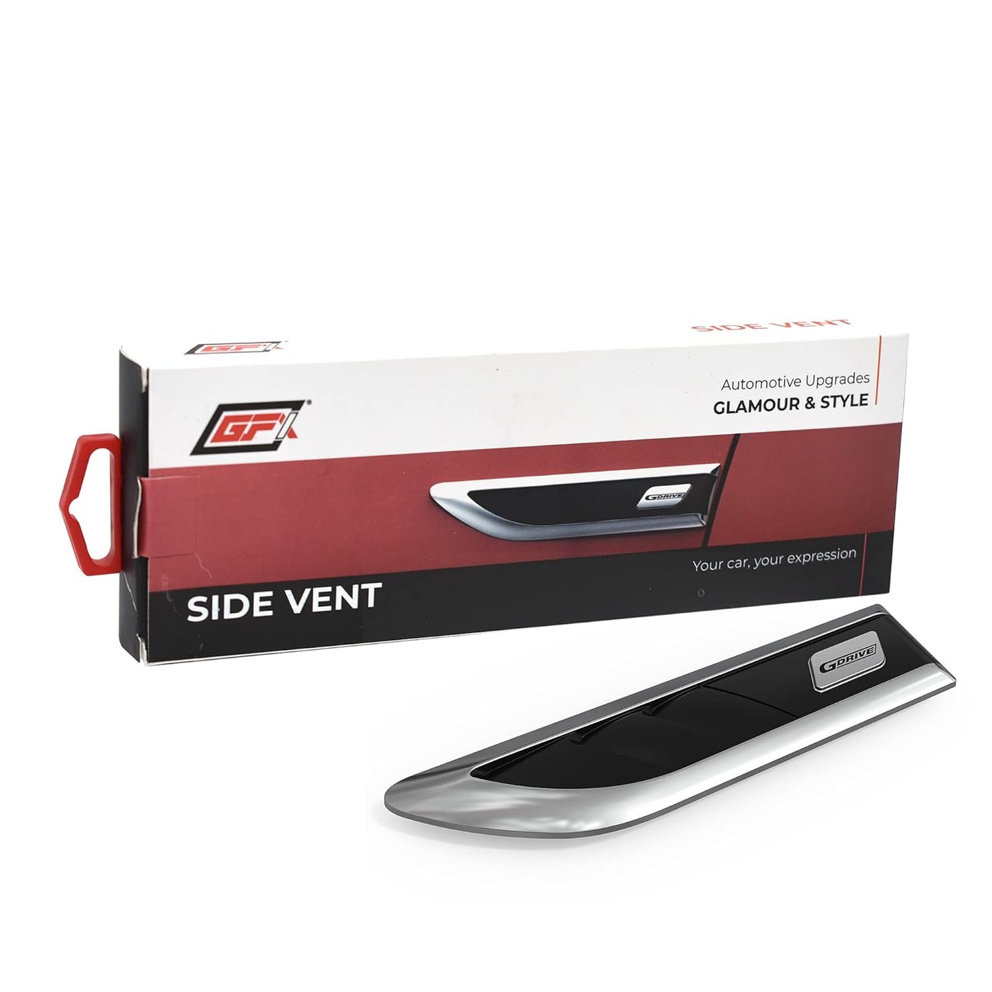 GFX G Drive side vent air flow duct racing chrome plated sticker type-2 universal fit designed to enhance car exterior styling with sporty aerodynamic look