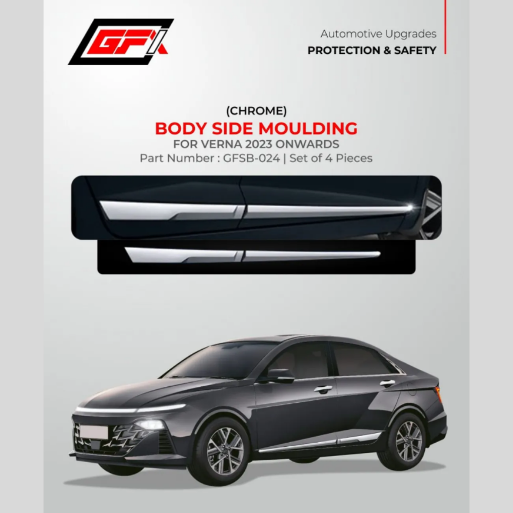 GFX Premium Chrome Body Side Moulding and Door Beading Protection Set for Hyundai Verna 2023 Onwards.
