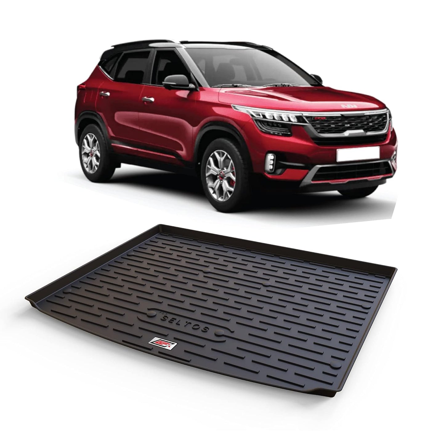 GFX premium black custom-fit trunk boot mat for Kia Seltos 2019-2023 models, durable all-weather dicky protection.
