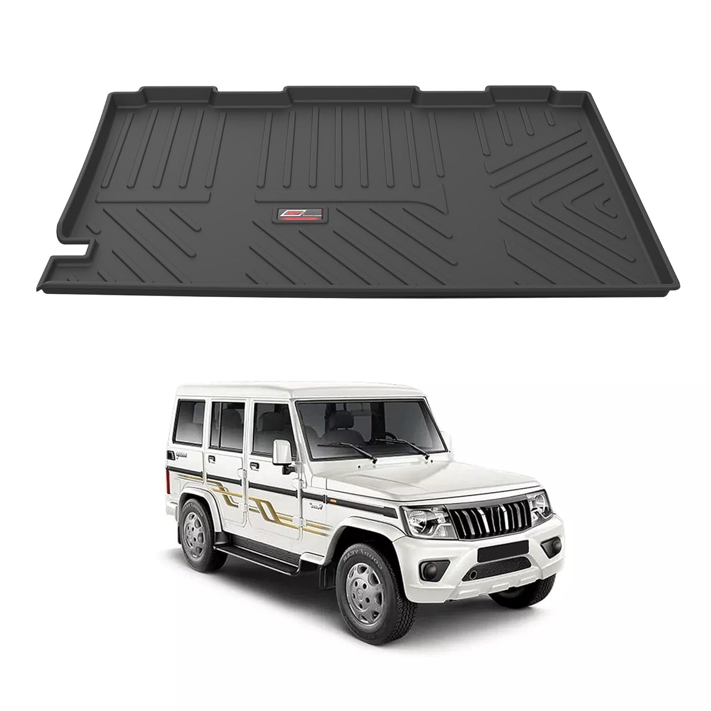 GFX premium black custom-fit trunk boot mat for Mahindra Bolero 2011-2023 onwards, heavy-duty all-weather dicky protection.