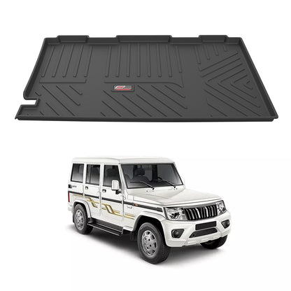 GFX premium black custom-fit trunk boot mat for Mahindra Bolero 2011-2023 onwards, heavy-duty all-weather dicky protection.
