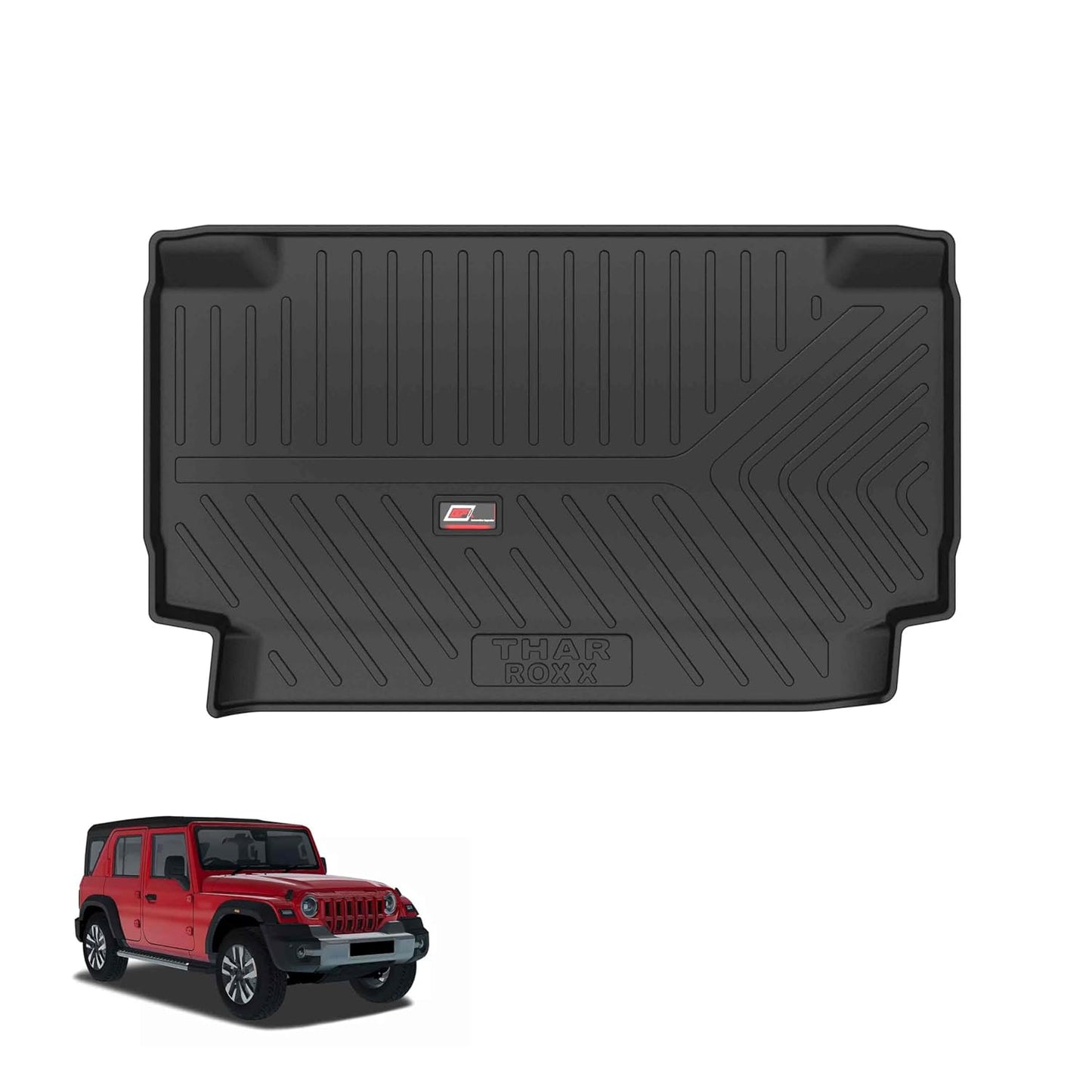 GFX premium black custom-fit trunk boot mat for Mahindra Thar Roxx 5-door 2024 onwards, waterproof and anti-slip dicky protection.