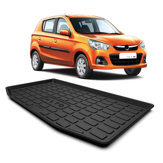 GFX premium black custom-fit trunk boot mat for Maruti Suzuki Alto K10 2014-2021 model, waterproof and anti-slip dicky protection.