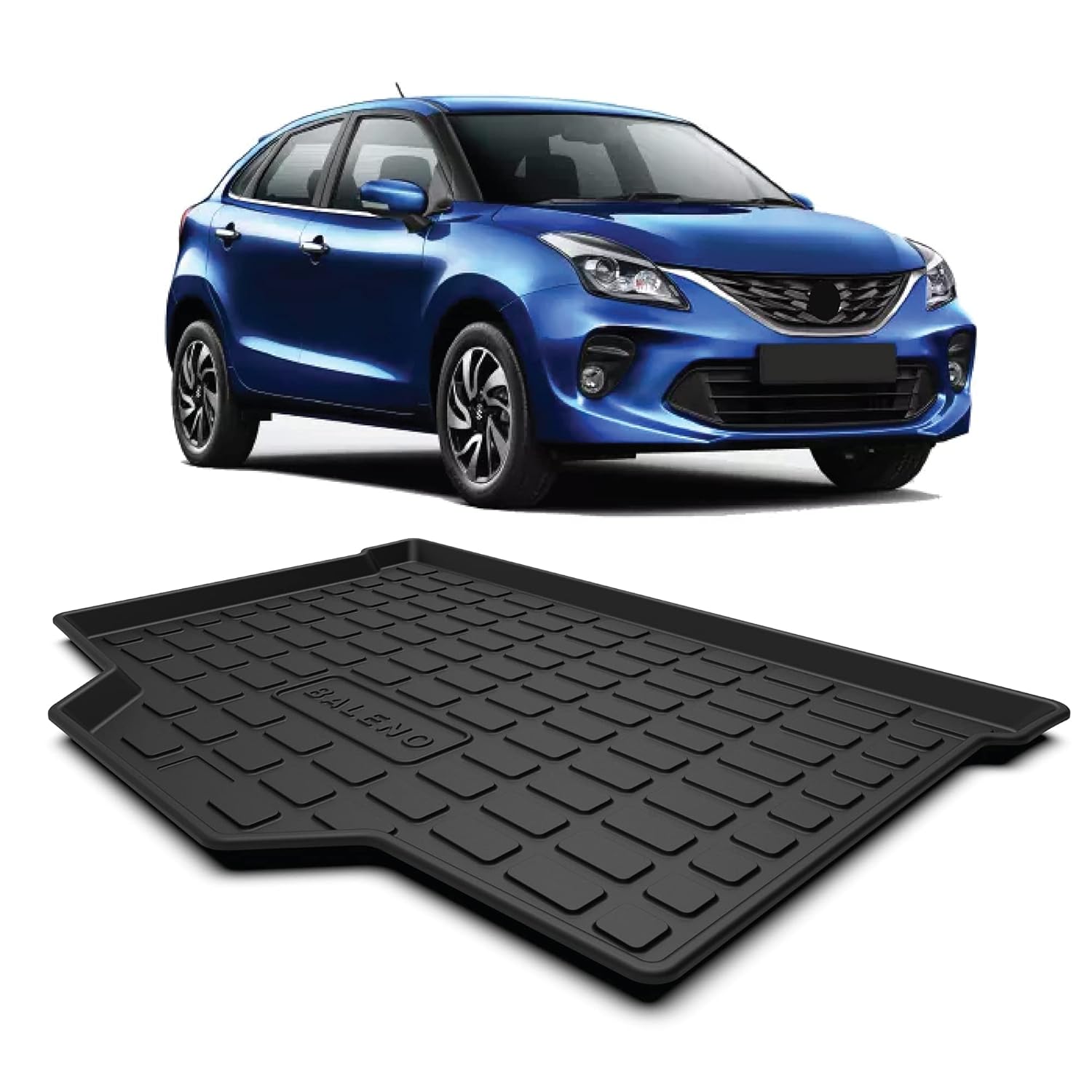 GFX premium black custom-fit trunk boot mat for Maruti Suzuki Baleno 2015+ and Toyota Glanza 2019+ models, durable dicky protection.