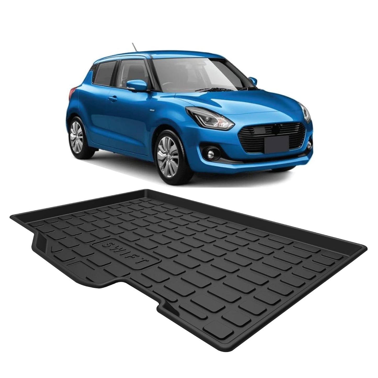 GFX premium black custom-fit trunk boot mat for Maruti Suzuki Swift 2018 onwards, durable all-weather dicky protection.