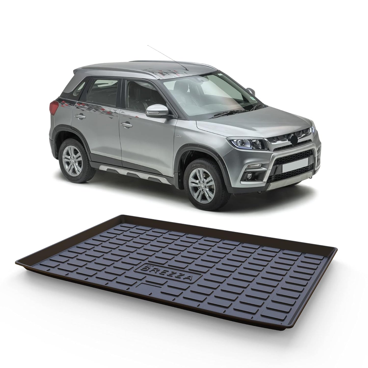 GFX premium black custom-fit trunk boot mat for Maruti Suzuki Vitara Brezza 2016-2021 models, durable all-weather dicky protection.