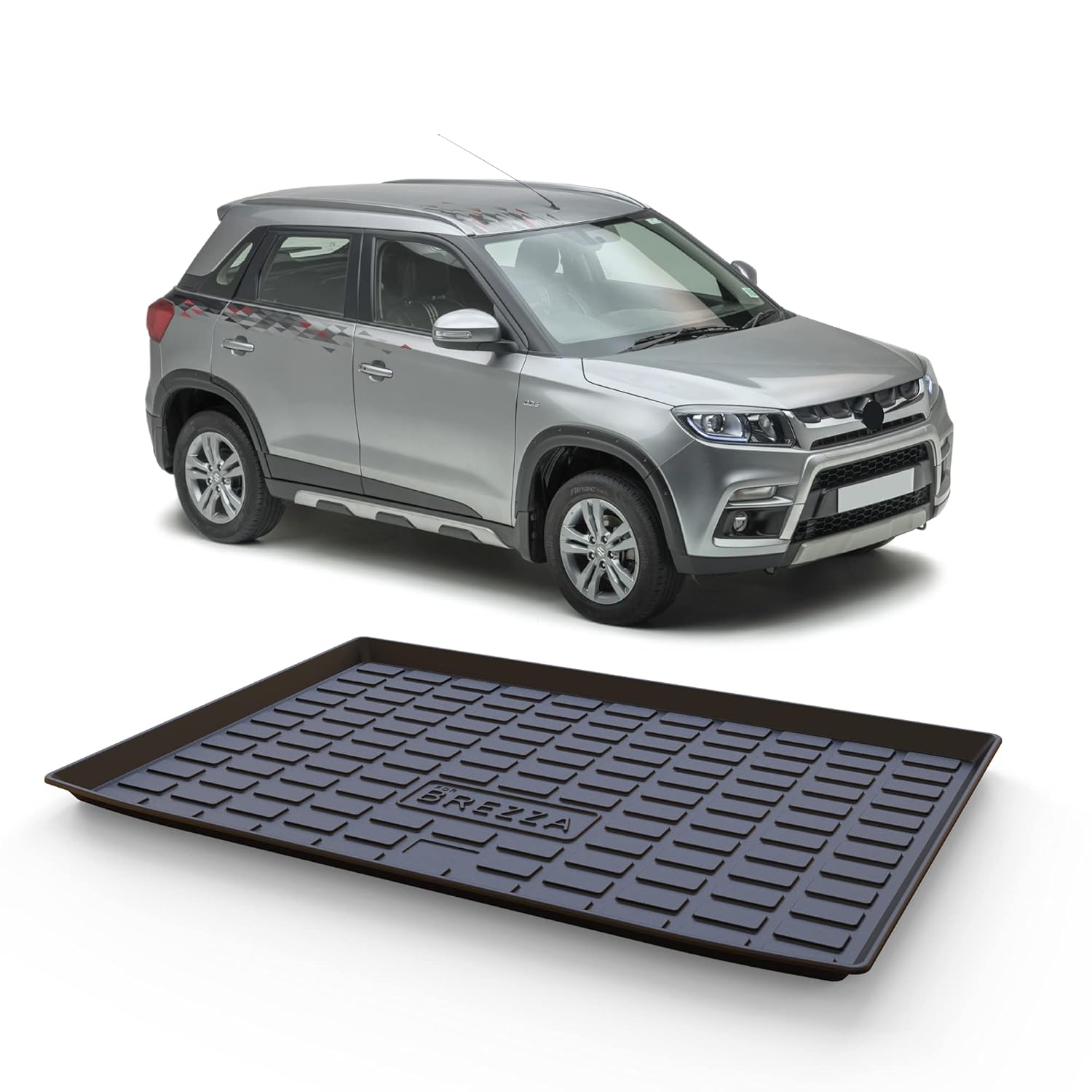 GFX premium black custom-fit trunk boot mat for Maruti Suzuki Vitara Brezza 2016-2021 models, durable all-weather dicky protection.