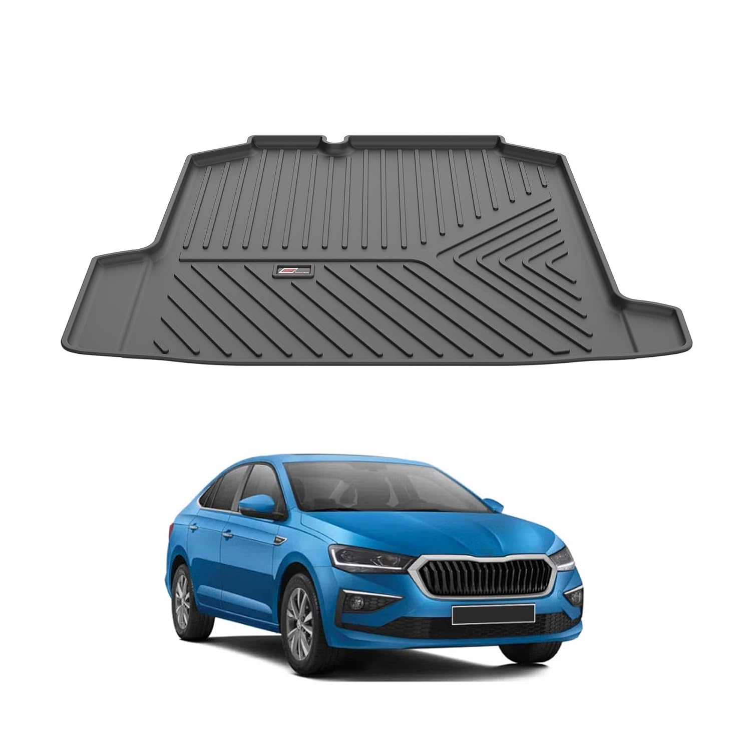 GFX premium black custom-fit trunk boot mat for Skoda Slavia 2022 onwards, durable all-weather dicky protection.