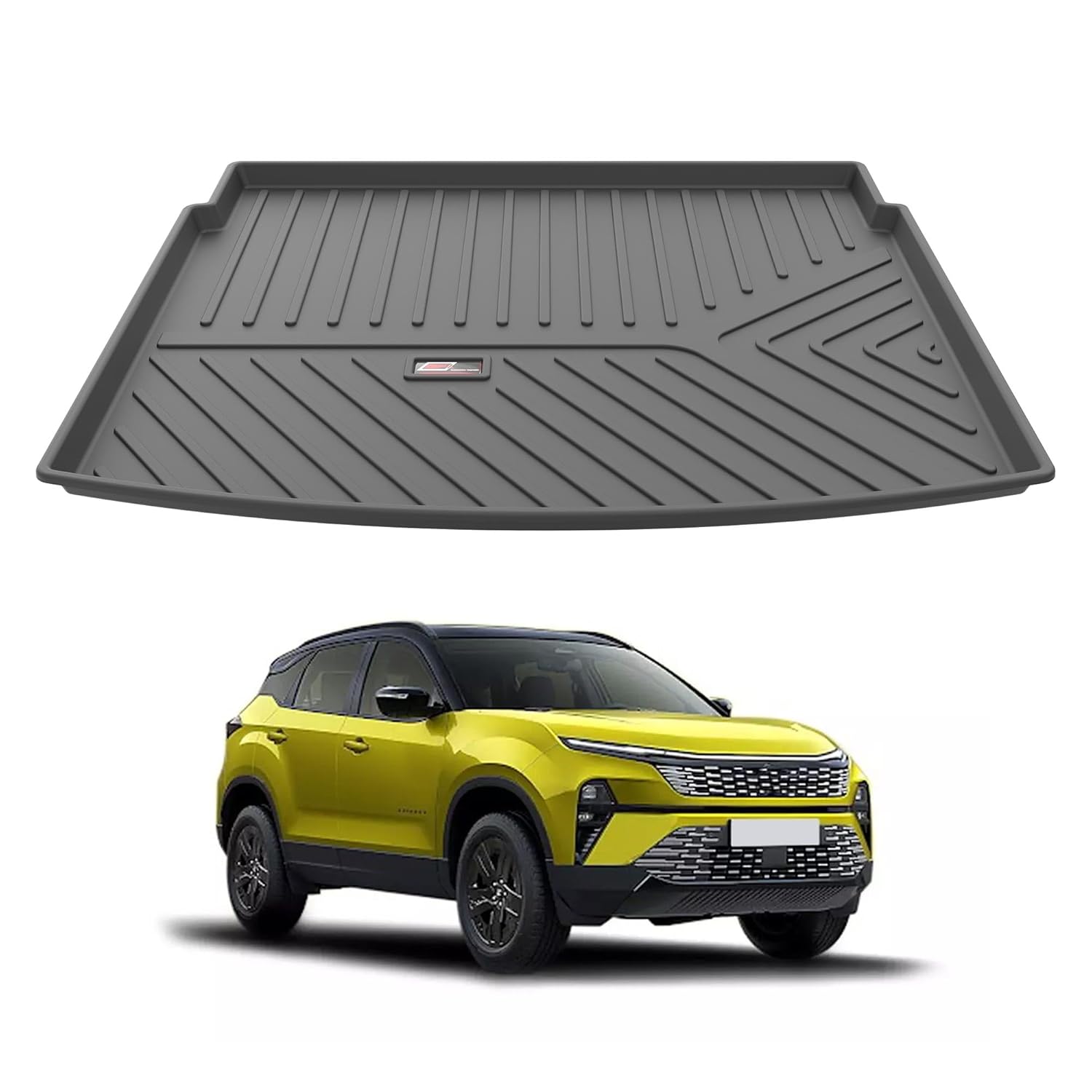 GFX premium black custom-fit trunk boot mat for Tata Harrier 2023 facelift onwards, durable all-weather dicky protection.