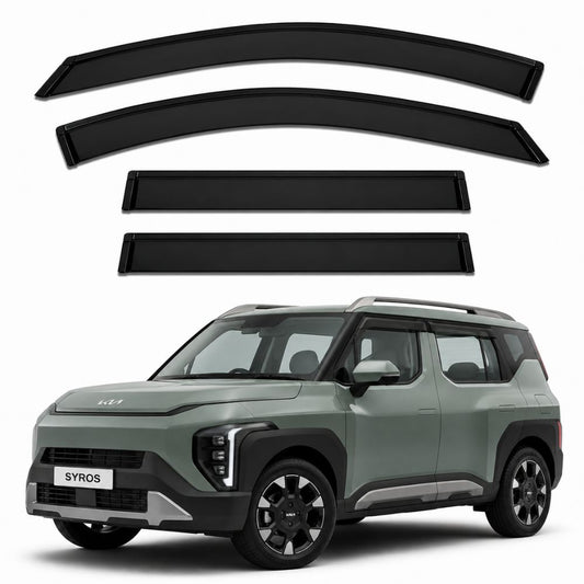 Galio Black Door Visor for Kia Syros 1st Gen 2025 onwards. Set of 4 black ABS plastic window visors with custom-fit design. Made in India.
