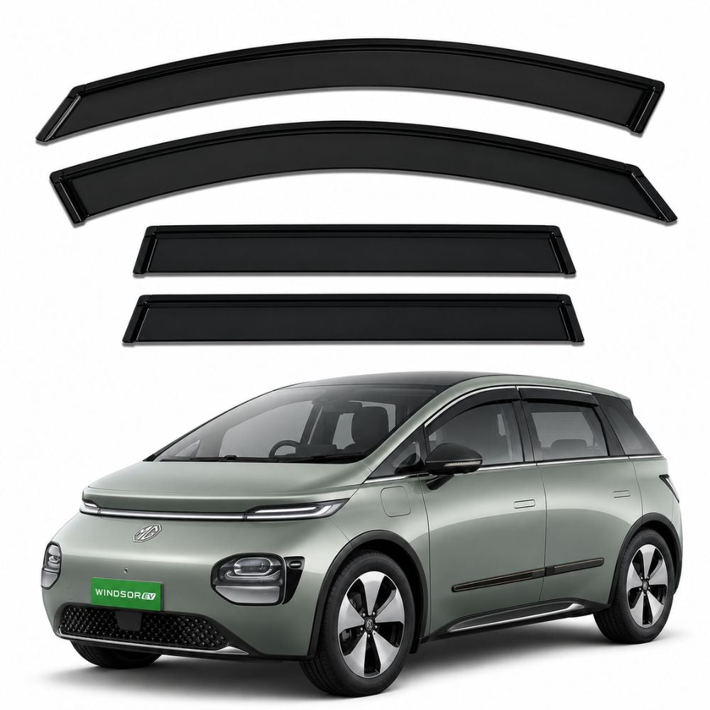Galio Black Door Visor for MG Windsor EV 1st Gen 2024 onwards. Set of 4 black ABS plastic window visors with custom-fit design. Made in India.
