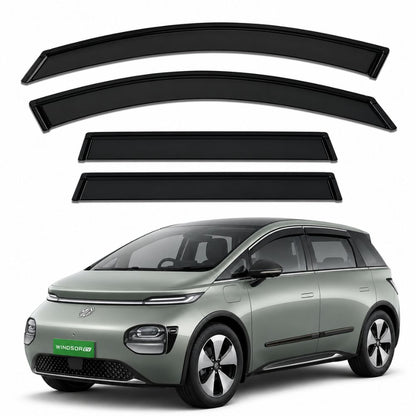 Galio Black Door Visor for MG Windsor EV 1st Gen 2024 onwards. Set of 4 black ABS plastic window visors with custom-fit design. Made in India.
