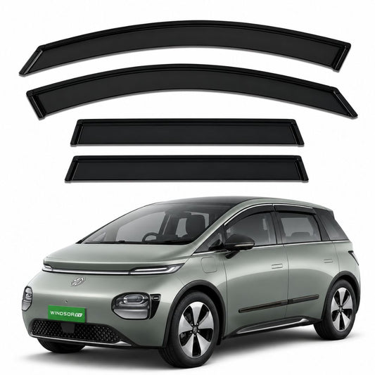 Galio Black Door Visor for MG Windsor EV 1st Gen 2024 onwards. Set of 4 black ABS plastic window visors with custom-fit design. Made in India.
