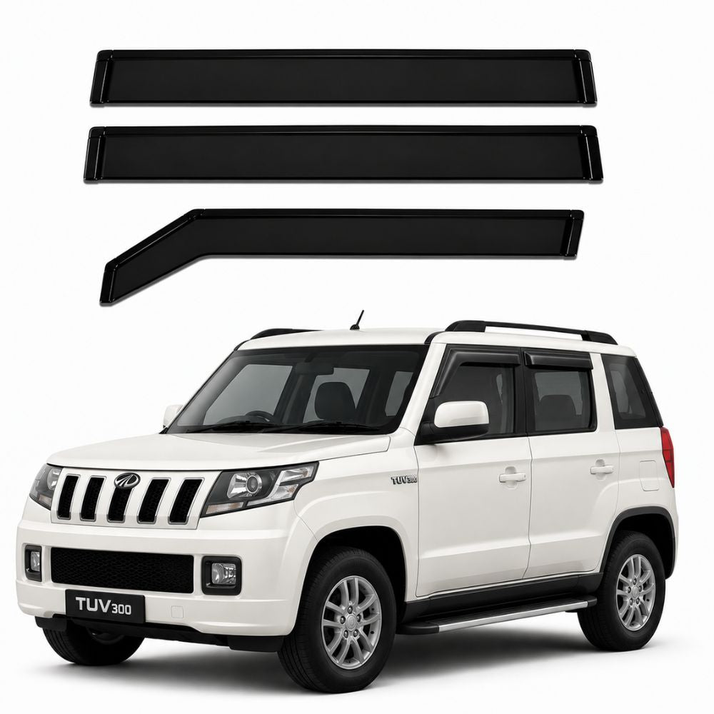 Galio Black Door Visor for Mahindra TUV300 1st Gen 2015 to 2020. Set of 6 black ABS plastic window visors with custom-fit design. Made in India.