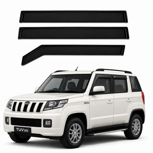 Galio Black Door Visor for Mahindra TUV300 1st Gen 2015 to 2020. Set of 6 black ABS plastic window visors with custom-fit design. Made in India.