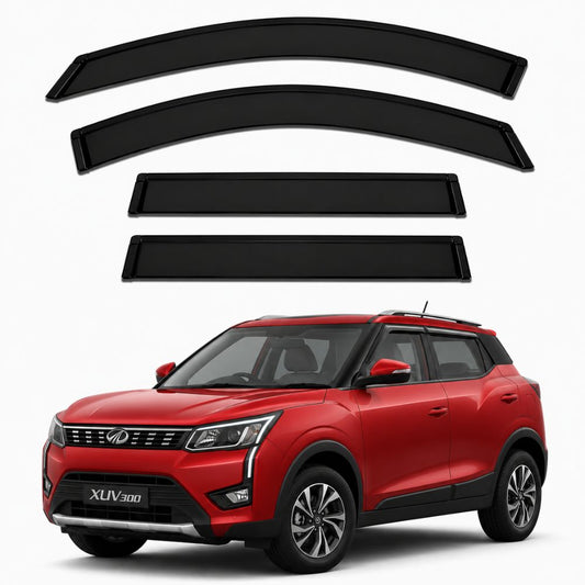 Galio Black Door Visor for Mahindra XUV300 1st Gen 2019 to 2024. Set of 4 black ABS plastic window visors with custom-fit design. Made in India.
