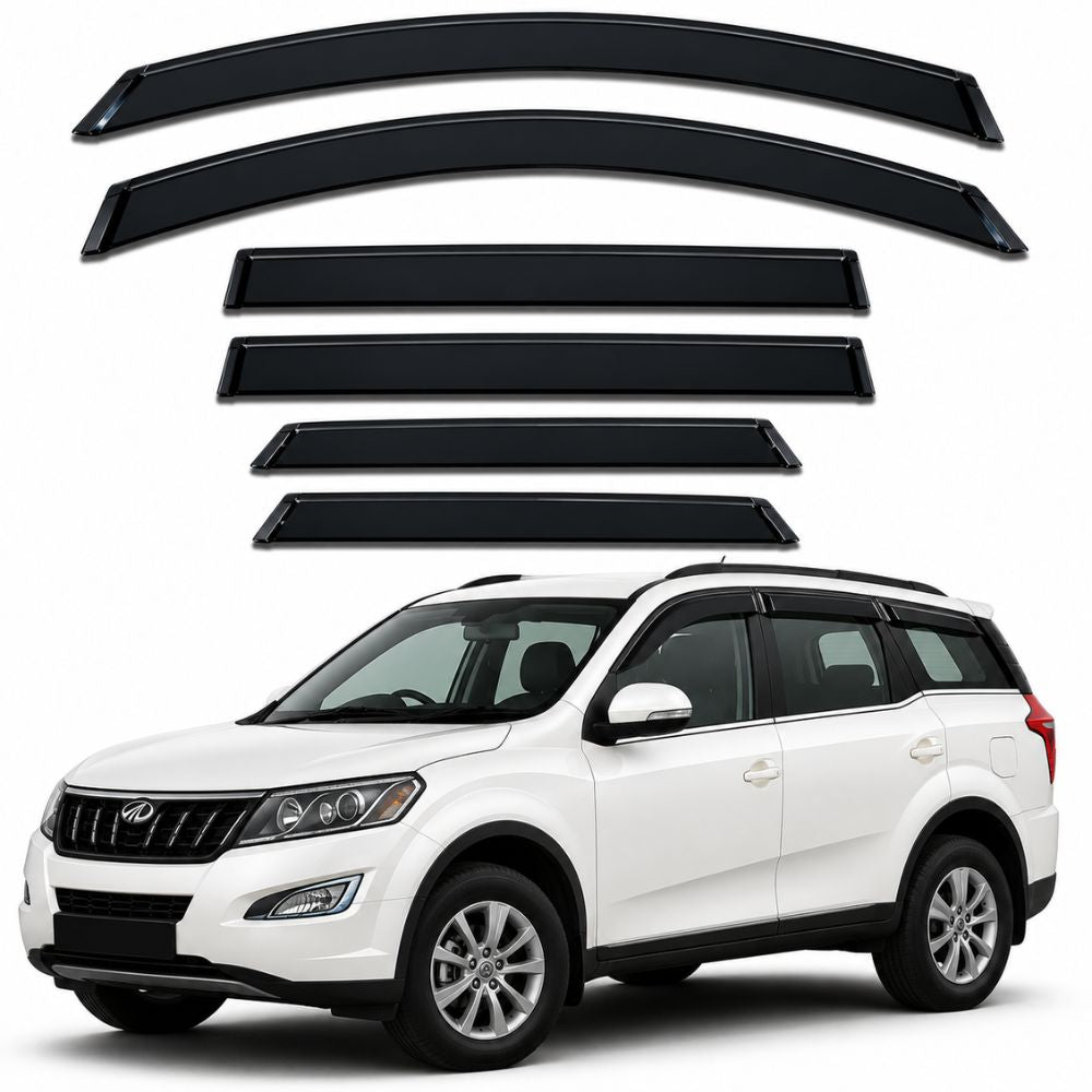 Galio Black Door Visor for Mahindra XUV500 1st Gen 2011 to 2021. Set of 6 black ABS plastic door visors with custom-fit design. Made in India.
