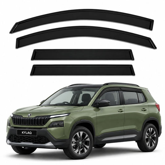 Galio Black Door Visor for Skoda Kylaq 1st Gen 2025 onwards. Set of 4 black ABS plastic window visors with custom-fit design. Made in India.
