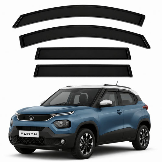 Galio Black Door Visor for Tata Punch 1st Gen 2021 to 2025 and Punch EV 1st Gen 2024 to 2025. Set of 4 black ABS plastic visors. Made in India.