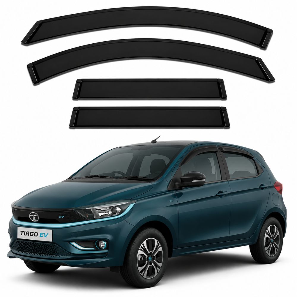 Galio Black Door Visor for Tata Tiago EV 1st Gen 2022 to 2025. Set of 4 black ABS plastic window visors with custom-fit design. Made in India.
