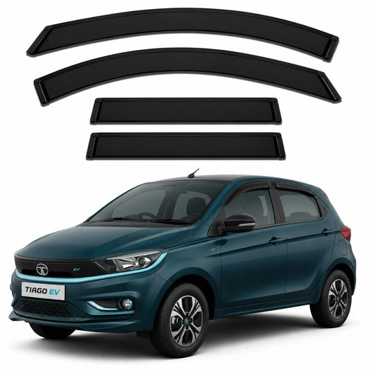 Galio Black Door Visor for Tata Tiago EV 1st Gen 2022 to 2025. Set of 4 black ABS plastic window visors with custom-fit design. Made in India.
