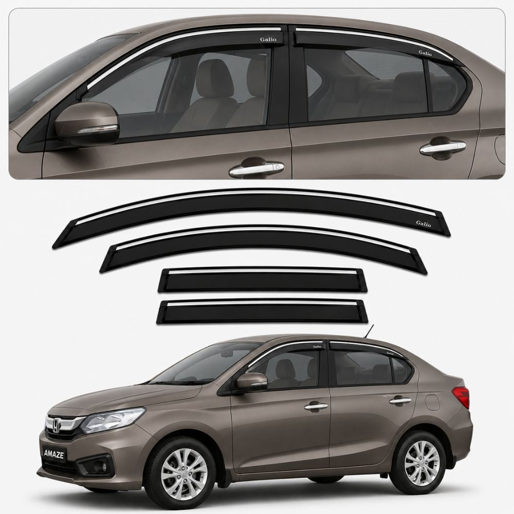 Galio Chrome Line Door Visor for Honda Amaze 1st Gen 2013 to 2018 | Set of 4 | Black | ABS Plastic | Chrome Line | Made in India

