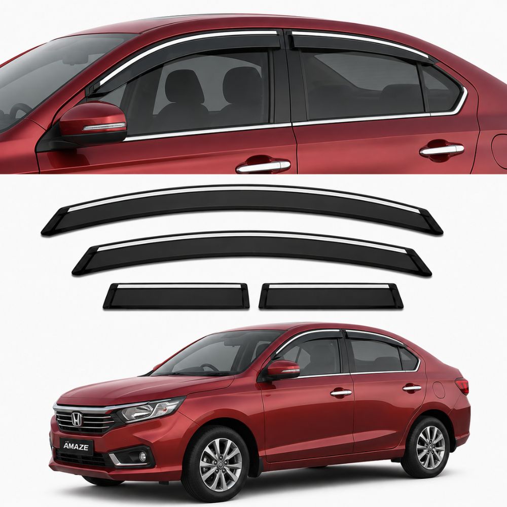 Galio Chrome Line Door Visor for Honda Amaze 2nd Gen 2018 to 2024 | Set of 4 | Black | ABS Plastic | Chrome Line | Made in India
