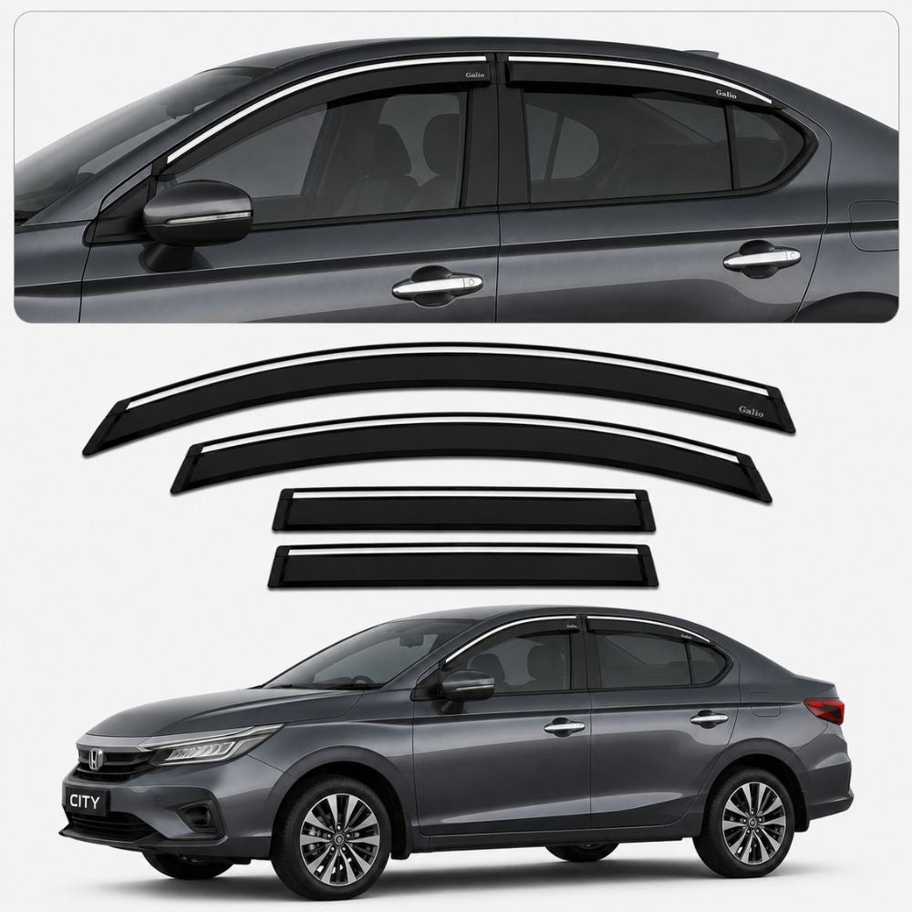 Galio Chrome Line Door Visor for Honda City 5th Gen 2020 Onwards | Set of 4 | Black | ABS Plastic | Chrome Line | Made in India
