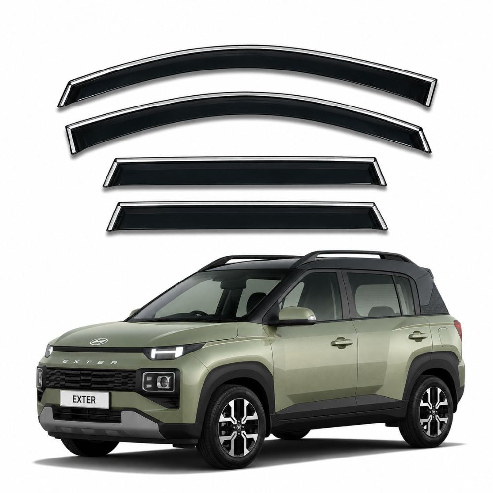 Galio Chrome Line Door Visor for Hyundai Exter 2023 Onwards. Custom fit set of 4 black ABS plastic door visors with silver chrome line accent. Made in India.
