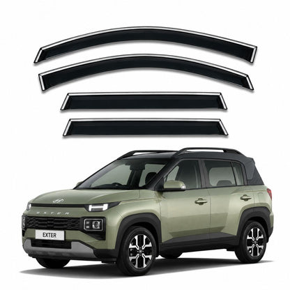 Galio Chrome Line Door Visor for Hyundai Exter 2023 Onwards. Custom fit set of 4 black ABS plastic door visors with silver chrome line accent. Made in India.
