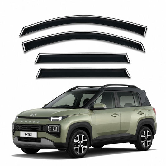 Galio Chrome Line Door Visor for Hyundai Exter 2023 Onwards. Custom fit set of 4 black ABS plastic door visors with silver chrome line accent. Made in India.
