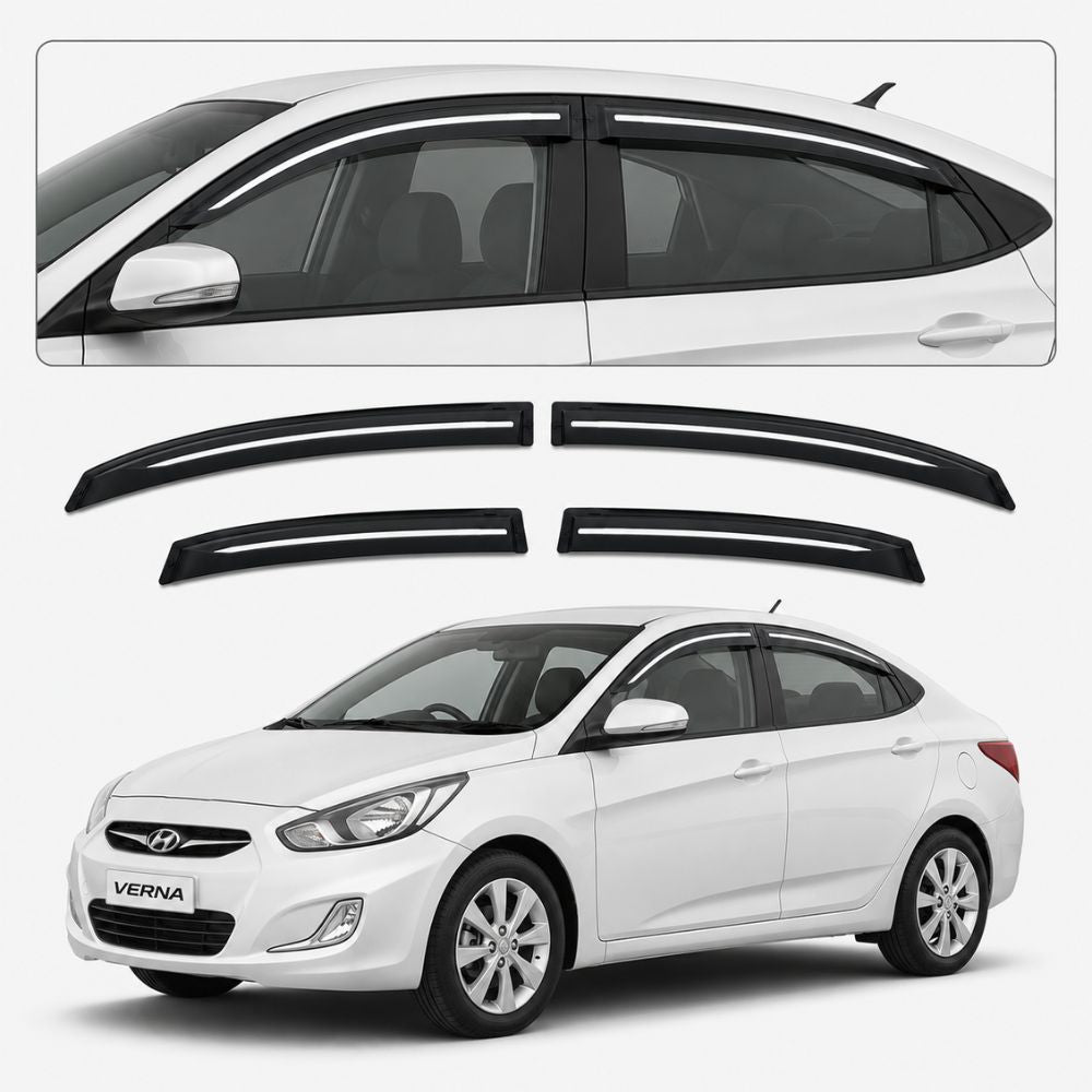 Galio Chrome Line Door Visor for Hyundai Verna 2nd Gen 2011 to 2017 | Set of 4 | Black | ABS Plastic | Chrome Line | Made in India
