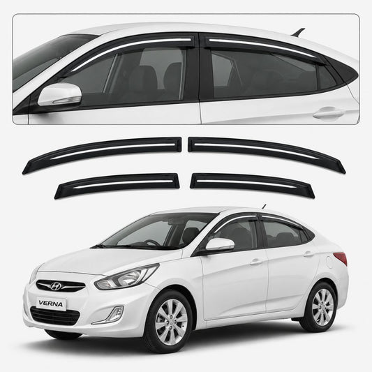 Galio Chrome Line Door Visor for Hyundai Verna 2nd Gen 2011 to 2017 | Set of 4 | Black | ABS Plastic | Chrome Line | Made in India
