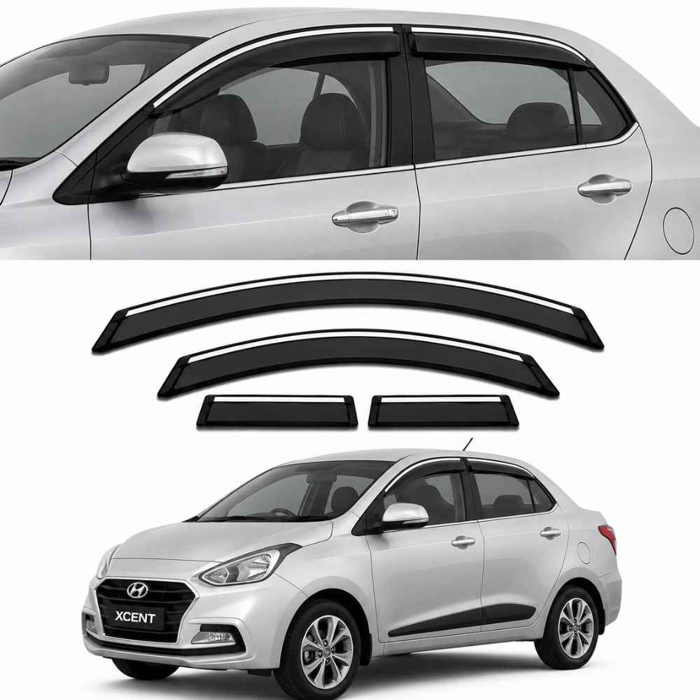 Galio Chrome Line Door Visor for Hyundai Xcent 1st Gen 2014 to 2020 | Set of 4 | Black | ABS Plastic | Chrome Line | Made in India
