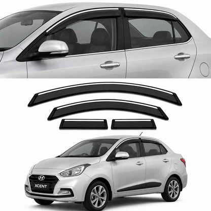 Galio Chrome Line Door Visor for Hyundai Xcent 1st Gen 2014 to 2020 | Set of 4 | Black | ABS Plastic | Chrome Line | Made in India
