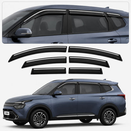 Galio Chrome Line Door Visor for Kia Carens, Carens Clavis & Clavis EV | Set of 6 | Black | ABS Plastic | Chrome Line | Made in India
