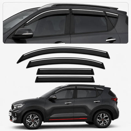 Galio Chrome Line Door Visor for Kia Sonet 1st Gen 2020 Onwards | Set of 4 | Black | ABS Plastic | Chrome Line | Made in India
