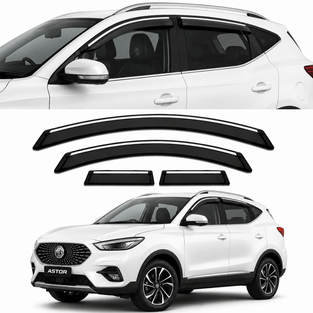 Galio Chrome Line Door Visor for MG Astor 1st Gen 2021 to 2025 | Set of 4 | Black | ABS Plastic | Chrome Line | Made in India
