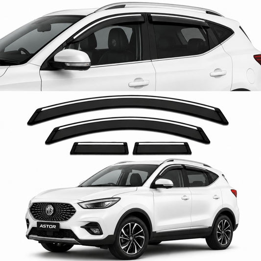 Galio Chrome Line Door Visor for MG Astor 1st Gen 2021 to 2025 | Set of 4 | Black | ABS Plastic | Chrome Line | Made in India
