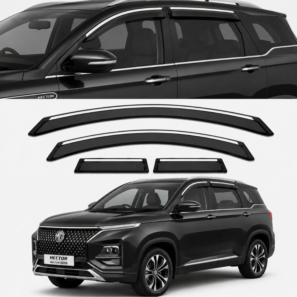 Galio Chrome Line Door Visor for MG Hector & Hector Plus | Set of 4 | Black | ABS Plastic | Chrome Line | Made in India
