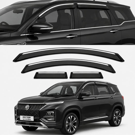 Galio Chrome Line Door Visor for MG Hector & Hector Plus | Set of 4 | Black | ABS Plastic | Chrome Line | Made in India
