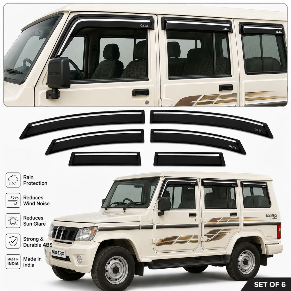 Galio Chrome Line Door Visor for Mahindra Bolero 1st Gen 2001 to 2020 | Set of 6 | Black | ABS Plastic | Chrome Line | Made in India
