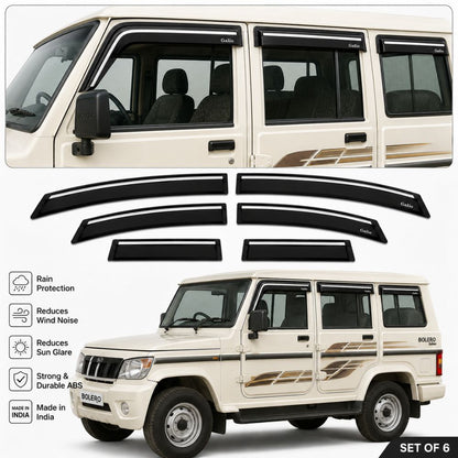 Galio Chrome Line Door Visor for Mahindra Bolero 1st Gen 2001 to 2020 | Set of 6 | Black | ABS Plastic | Chrome Line | Made in India
