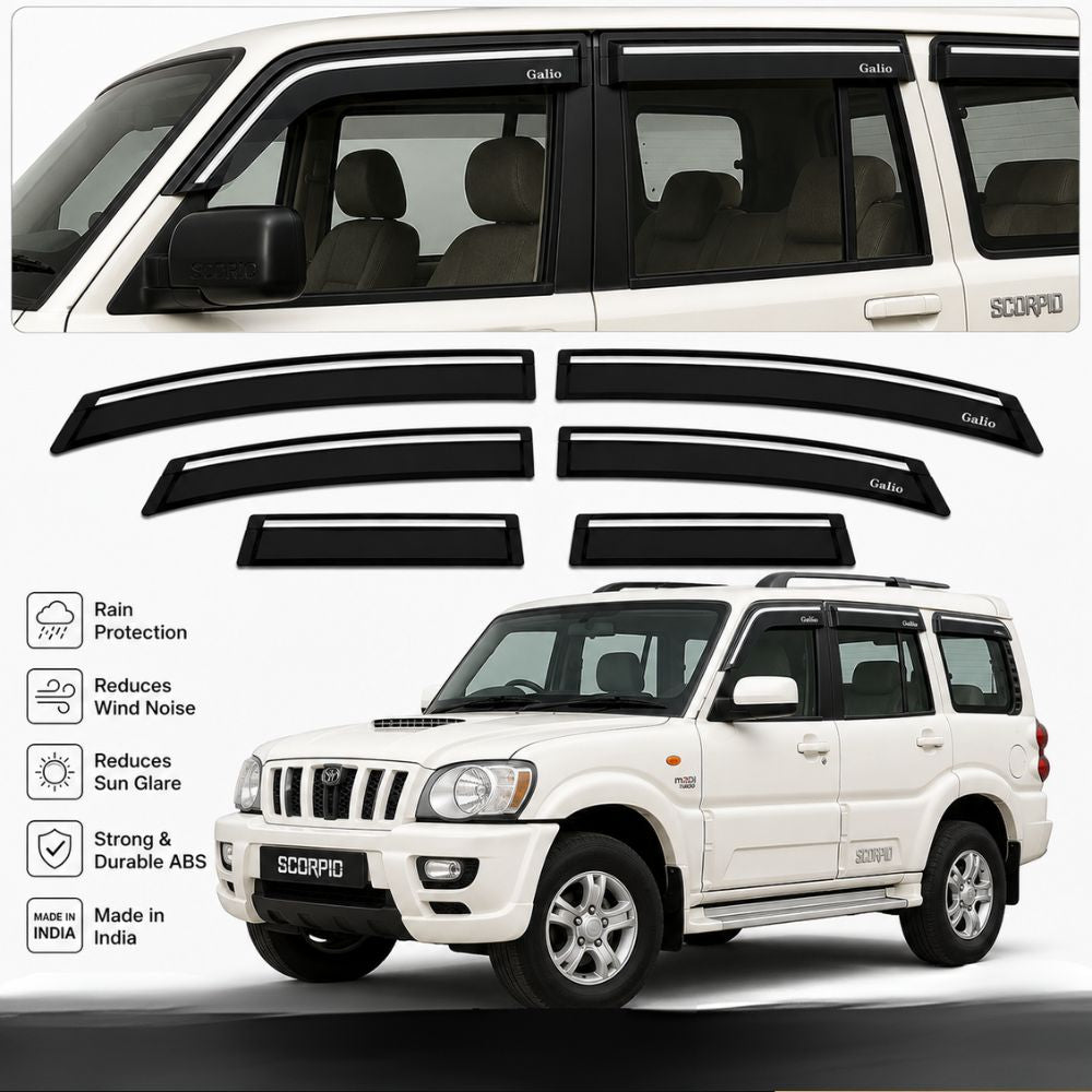 Galio Chrome Line Door Visor for Mahindra Scorpio 1st Gen 2002 to 2014 | Set of 6 | Black | ABS Plastic | Chrome Line | Made in India
