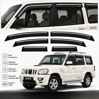 Galio Chrome Line Door Visor for Mahindra Scorpio 1st Gen 2002 to 2014 | Set of 6 | Black | ABS Plastic | Chrome Line | Made in India
