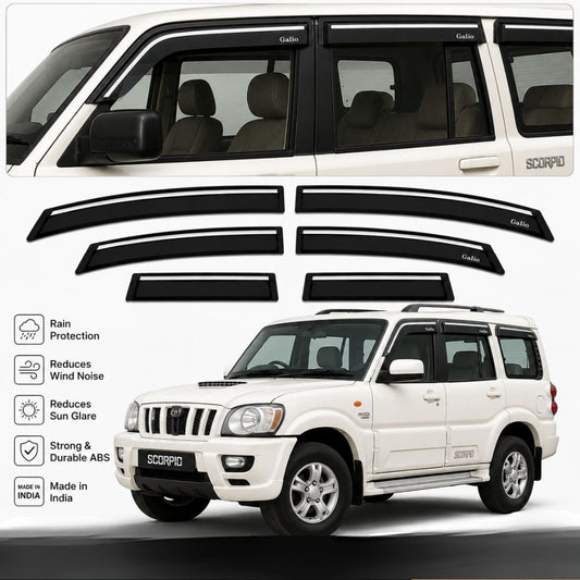 Galio Chrome Line Door Visor for Mahindra Scorpio 1st Gen 2002 to 2014 | Set of 6 | Black | ABS Plastic | Chrome Line | Made in India
