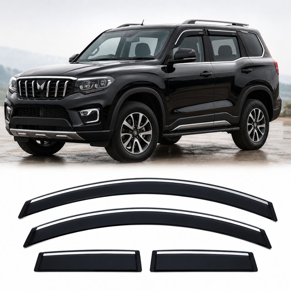Galio Chrome Line Door Visor for Mahindra Scorpio N 1st Gen 2022 Onwards | Set of 4 | Black | ABS Plastic | Chrome Line | Made in India
