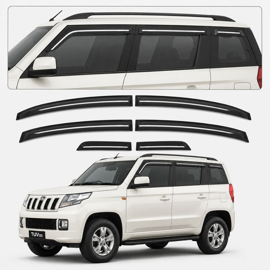 Galio Chrome Line Door Visor for Mahindra TUV300 1st Gen 2015 to 2020 | Set of 6 | Black | ABS Plastic | Chrome Line | Made in India
