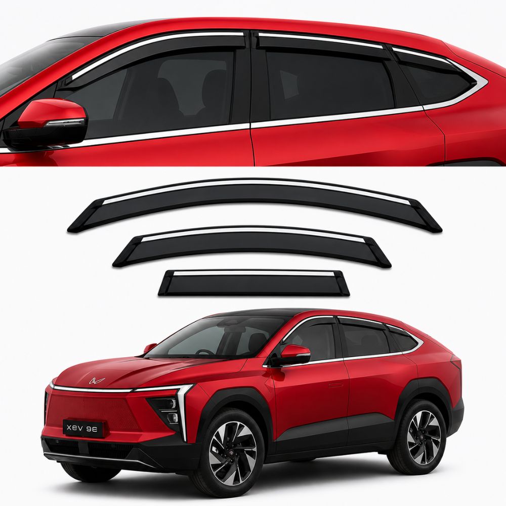 Galio Chrome Line Door Visor for Mahindra XEV 9E 1st Gen 2024 Onwards | Set of 6 | Black | ABS Plastic | Chrome Line | Made in India

