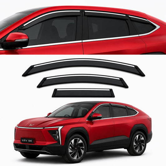 Galio Chrome Line Door Visor for Mahindra XEV 9E 1st Gen 2024 Onwards | Set of 6 | Black | ABS Plastic | Chrome Line | Made in India
